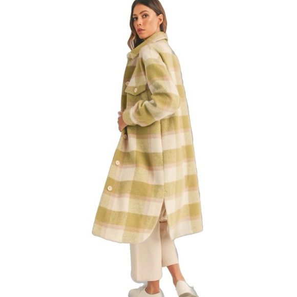 NWOT MABLE Moriya Plaid Long Shirt Shacket Jacket, Kiwi Green and Cream size M - Picture 1 of 7